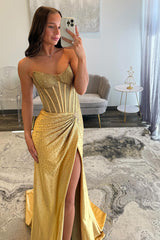 Long Beaded Prom Dress with Sparkly Golden Strapless Corset and Slit