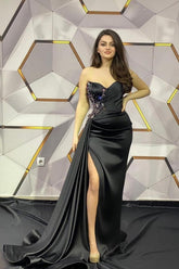 Long Black Sleeveless Slit Mermaid Prom Evening Dresses with Glitter