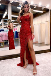 Long Burgundy Prom Dress with Sequins Spaghetti Straps and Tassel