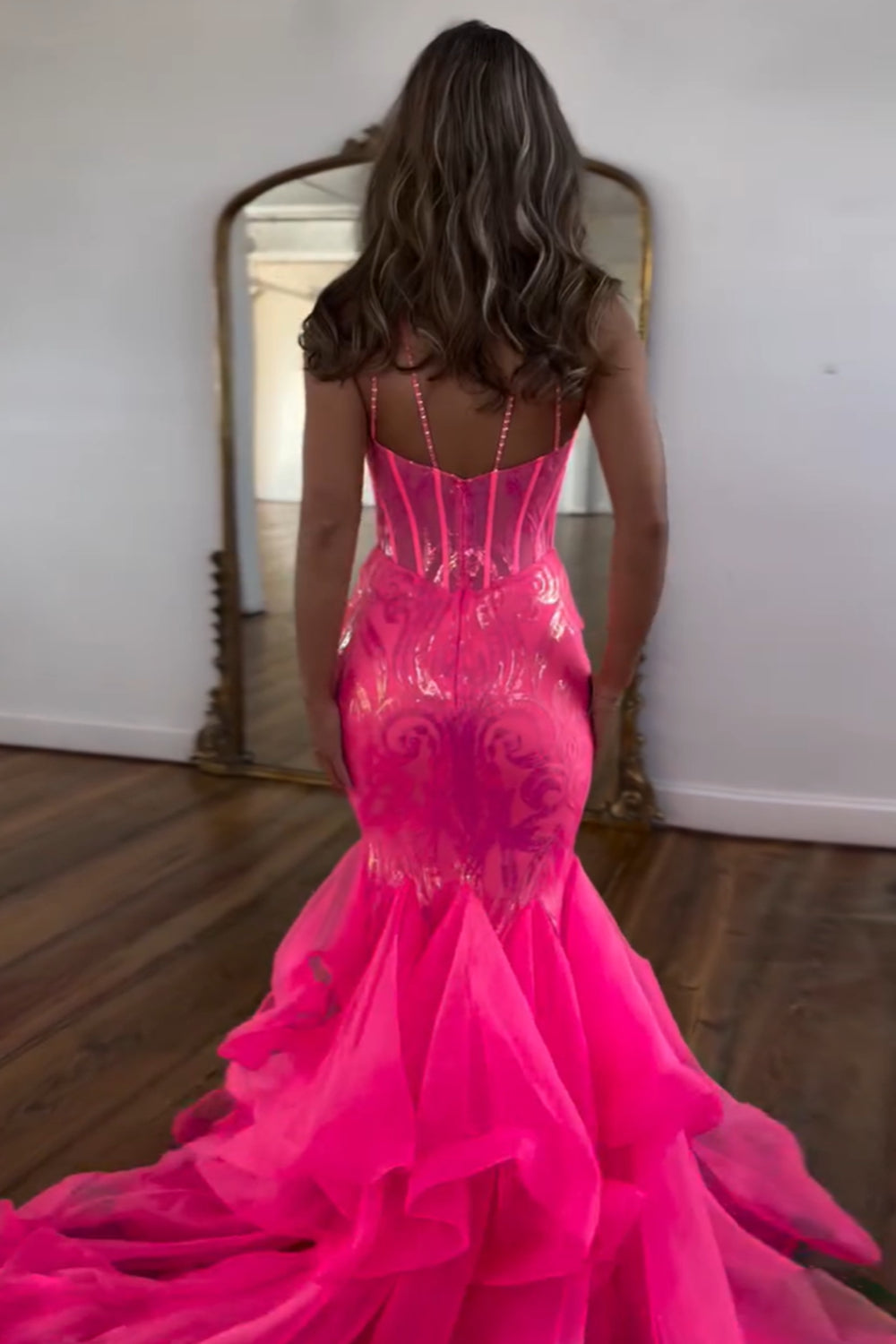 Long Corset Prom Dress with Sparkly Fuchsia Sequins and Spaghetti Straps in Mermaid Style