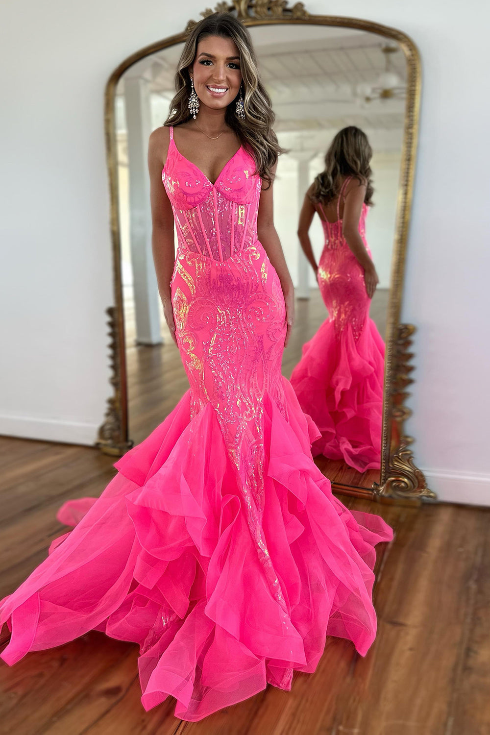 Long Corset Prom Dress with Sparkly Fuchsia Sequins and Spaghetti Straps in Mermaid Style