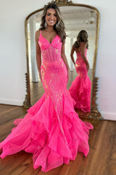 Long Corset Prom Dress with Sparkly Fuchsia Sequins and Spaghetti Straps in Mermaid Style