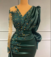 Long Dark Green Elegant Mermaid Prom Evening Dresses with Sleeves