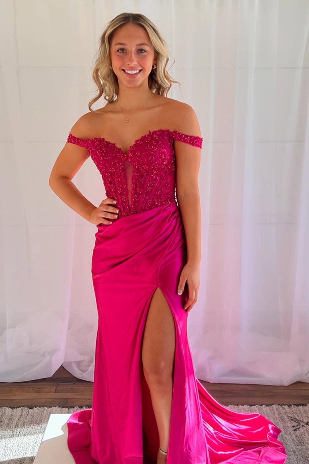 Long Fuchsia Satin Corset Prom Dress with Lace Off-the-Shoulder