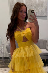 Long Halter Prom Dress in Yellow with Tiered A-Line Tulle