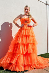 Long Halter Prom Dress in Yellow with Tiered A-Line Tulle
