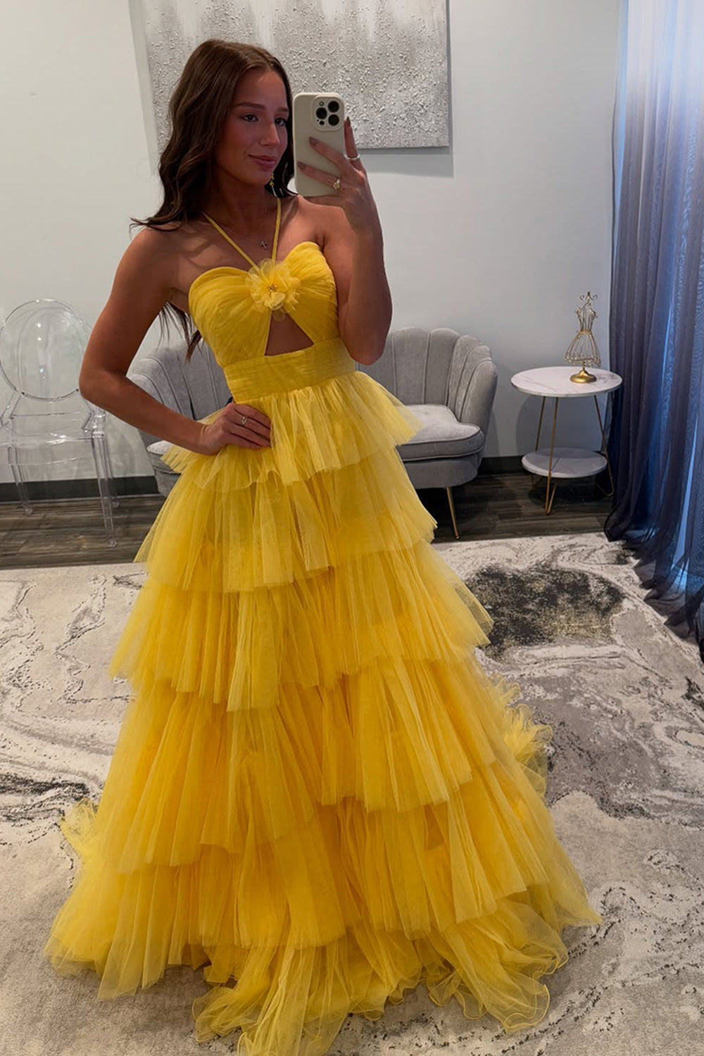Long Halter Prom Dress in Yellow with Tiered A-Line Tulle