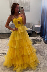 Long Halter Prom Dress in Yellow with Tiered A-Line Tulle