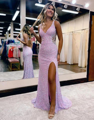 Long Lilac Sequined Prom Dress with V Neck and Front Slit