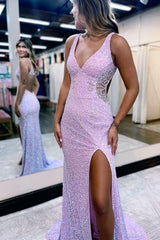Long Lilac Sequined Prom Dress with V Neck and Front Slit