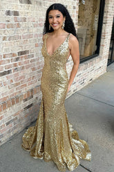 Long Mermaid Prom Dress with Gold Glitter V Neck and Sequins