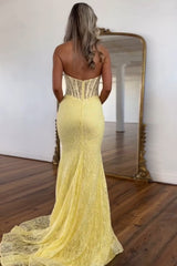 Long Mermaid Prom Dress with Yellow Lace Halter Neck Corset