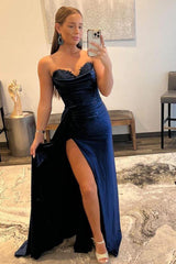 Long Navy Blue Prom Dress with Front Split and A-Line Silhouette by Sweethaert