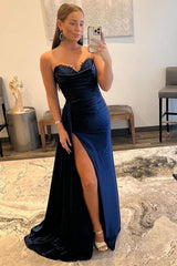 Long Navy Blue Prom Dress with Front Split and A-Line Silhouette by Sweethaert