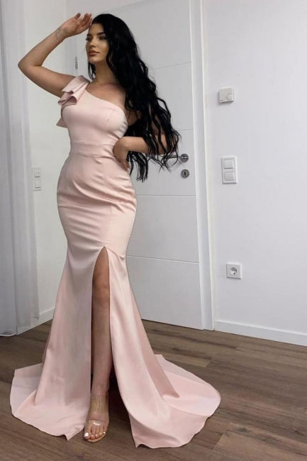 Long Pink Simple One Shoulder Split Mermaid Prom Evening Dresses