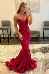 Long Prom Dress with Fuchsia Sequins in Mermaid Style