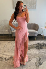 Long Prom Dress with Pink Lace and Ruffles Spaghetti Straps Sheath