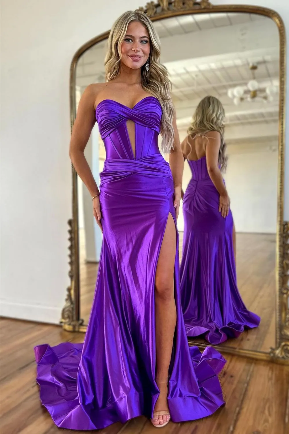 Long Purple Satin Mermaid Prom Dress with Sweetheart Corset and Split misshow.com Long Purple Satin Mermaid Prom Dress with Sweetheart Corset and Split misshow.com
