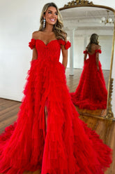 Long Red Prom Dress with Lace and Off-the-Shoulder Ruffles