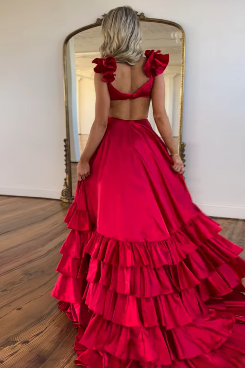 Long Red Prom Dress with V-Neck A-Line Cut Satin Fabric and Tiered Ruffles
