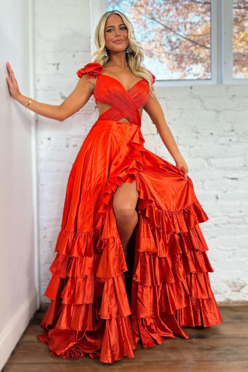 Long Red Prom Dress with V-Neck A-Line Cut Satin Fabric and Tiered Ruffles