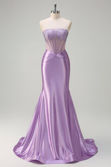 Long Satin Mermaid Prom Dress in Purple with Beading Strapless Corset Style