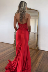 Long Satin Mermaid Prom Dress in Red with Halter Neck and Applique