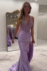 Long Satin Mermaid Prom Dress in Red with Halter Neck and Applique