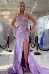 Long Satin Mermaid Prom Dress in Red with Halter Neck and Applique
