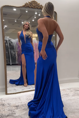 Long Satin Mermaid Prom Dress in Red with Halter Neck and Applique