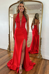 Long Satin Mermaid Prom Dress in Red with Halter Neck and Applique