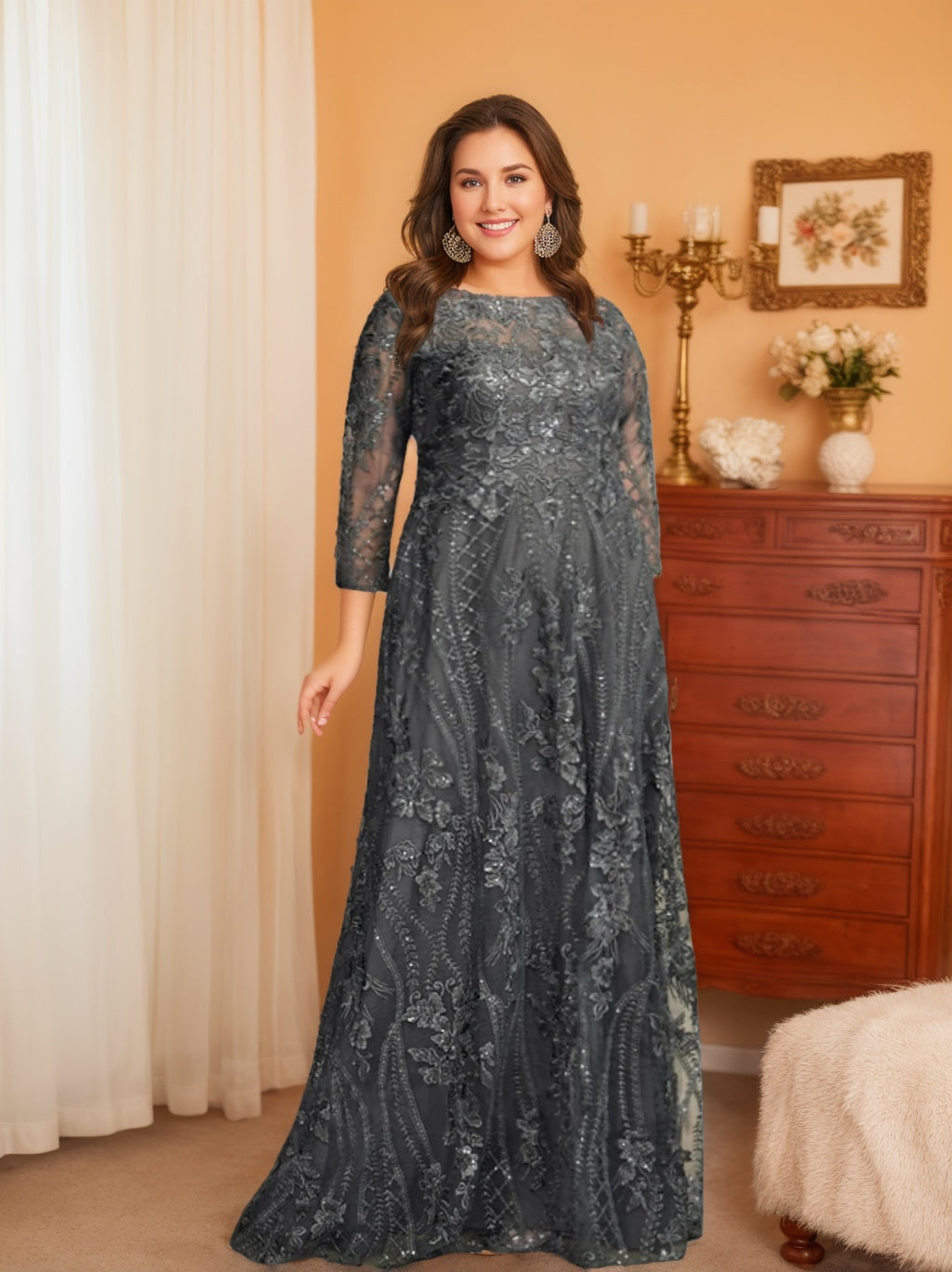 Long-Sleeve A-Line Princess Mother of the Bride Dress Featuring Applique