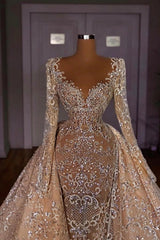 Long Sleeve Deep V Illusion Baroque Crystal Rhinestone Mermaid Wedding Dress Detachable Overskirt Champagne
