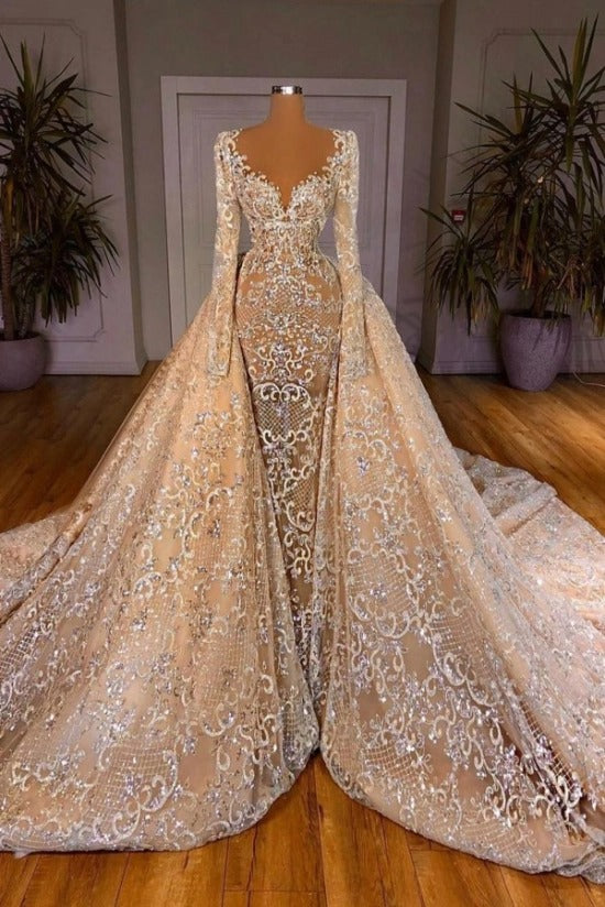 Long Sleeve Deep V Illusion Baroque Crystal Rhinestone Mermaid Wedding Dress Detachable Overskirt Champagne