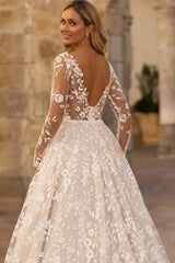Long Sleeve Illusion Deep V-Neck 3D Floral Leaf Lace A-Line Wedding Dress Deep V-Back Cathedral Train