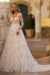Long Sleeve Illusion Deep V-Neck 3D Floral Leaf Lace A-Line Wedding Dress Deep V-Back Cathedral Train