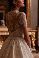 Long Sleeve Illusion Deep V Sweetheart Gold Leaf Embroidery Glitter Tulle Ball Gown Wedding Dress Cathedral Train Champagne