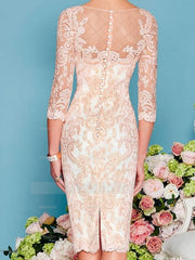 Long-Sleeve Knee-Length Sheath/Column Mother of the Bride Dress with Lace Beading Appliques