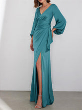 Long Sleeve V-Neck A-Line Wedding Guest Dress in Charmeuse with Ruched Detail
