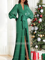 Long Sleeve V-Neck Chiffon Mother of the Bride Dress with Mermaid Train and Strappy Slit