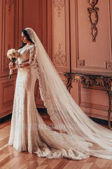 Long Sleeve V-Neck Lace A-Line Stain Wedding Dresses with Ruffles
