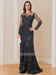 Long-Sleeved Scoop Neck Mermaid/Trumpet Mother of the Bride Dress with Applique