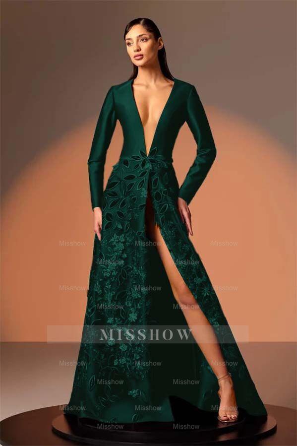 Long Sleeves Deep V Neck High Split Long Formal Dress With Appliques