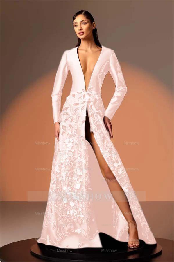 Long Sleeves Deep V Neck High Split Long Formal Dress With Appliques