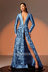 Long Sleeves Deep V Neck High Split Long Formal Dress With Appliques