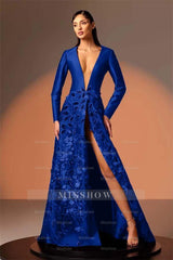 Long Sleeves Deep V Neck High Split Long Formal Dress With Appliques