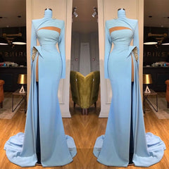 Long Sleeves High Neck Mermaid Prom Evening Dresses Long With Slit