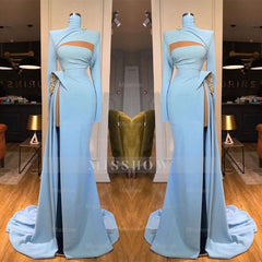 Long Sleeves High Neck Mermaid Prom Evening Dresses Long With Slit