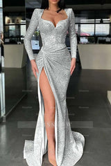Long Sleeves High Split Long Formal Dress Mermaid With Sequins