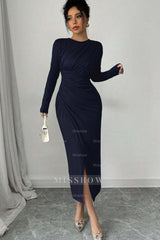 Long Sleeves Jewel Neck Tea Length Formal Dress With Split Pleated